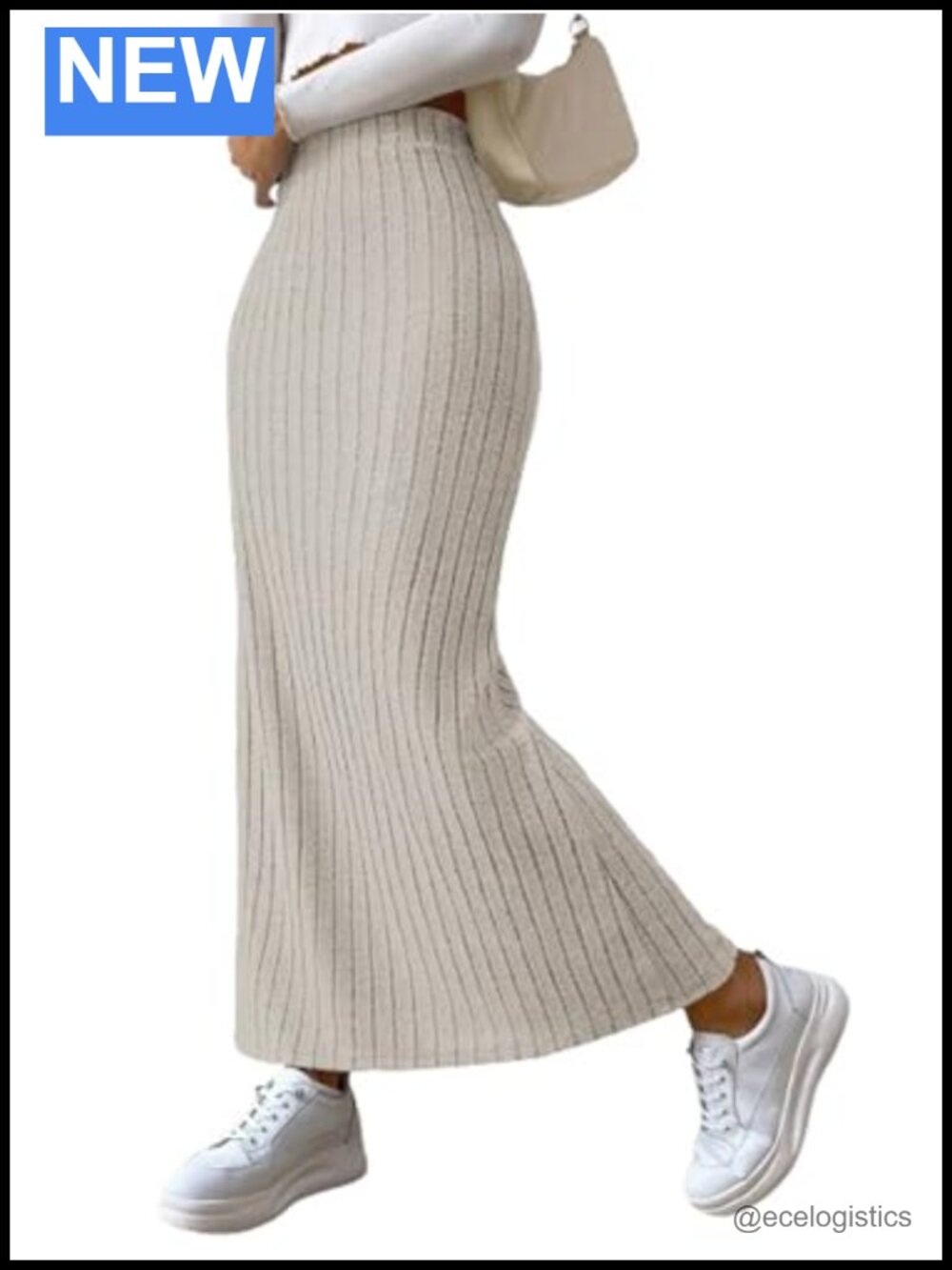 Women Striped Knit High Waisted Split Maxi Pencil Skirt Office Casual